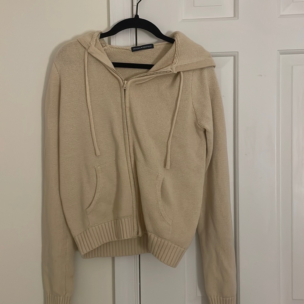 Brandy Melville tan knitted zip up sweater